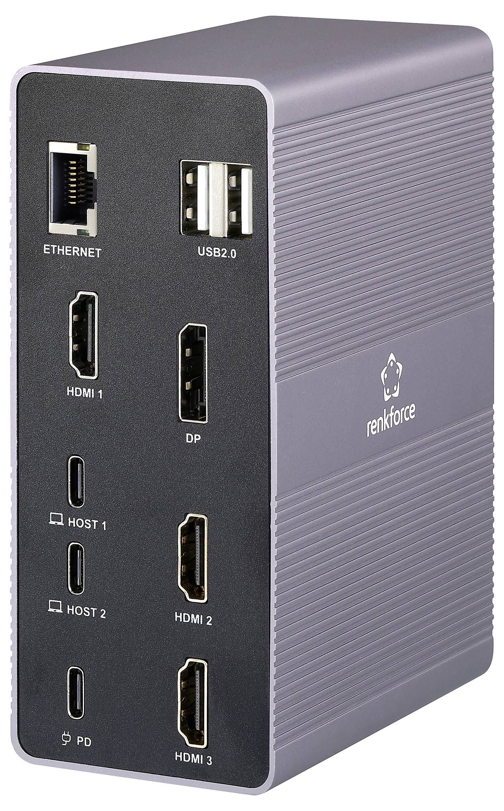 Sodoben adapter z različnimi priključki: Ethernet, USB 2.0, HDMI, DisplayPort in USB-C, primeren za računalniške povezave.