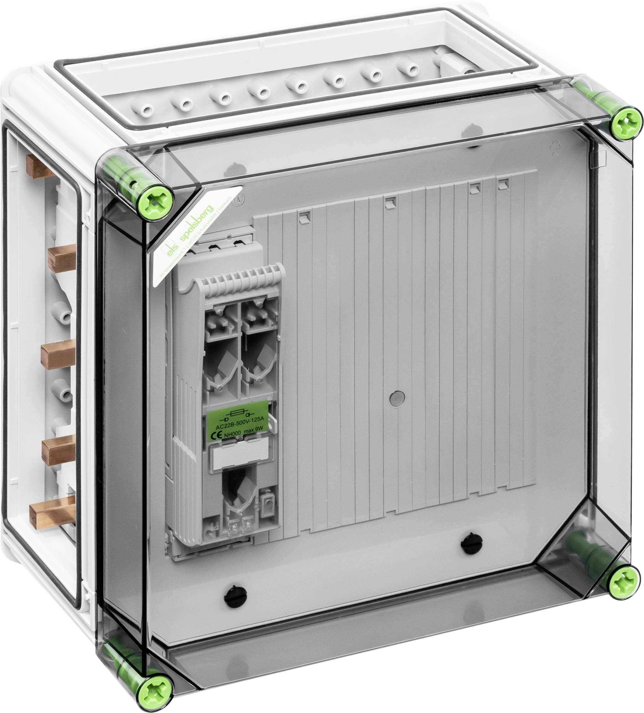 Prosojno plastično ohišje z notranjim električnim napravjem, prepoznavno po zelenih pritrditvah v vogalih.