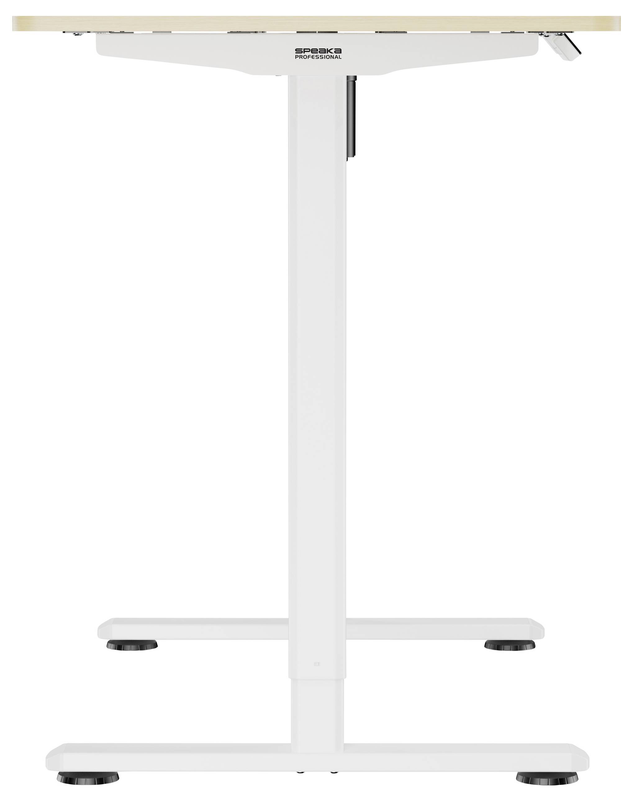 Višinsko nastavljiva pisalna miza z belim ogrodjem in svetlo delovno površino; primerna za ergonomsko delo stoje.