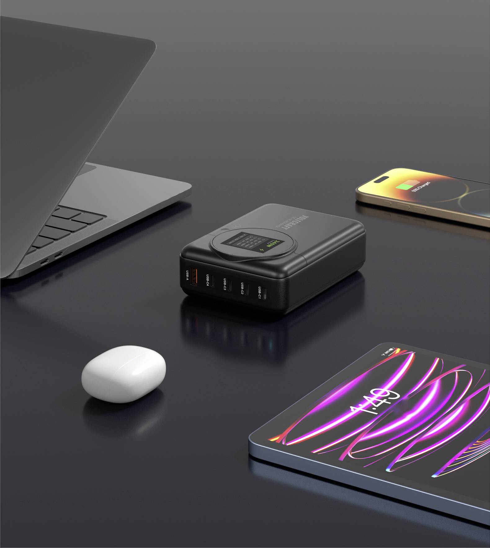 VOLTCRAFT UC-4C1A240W01 USB napajalnik 240 W 4x USB-C®, 1x USB-A Power Delivery 3.0 črna GaN, USB power delivery (USB-pd-12