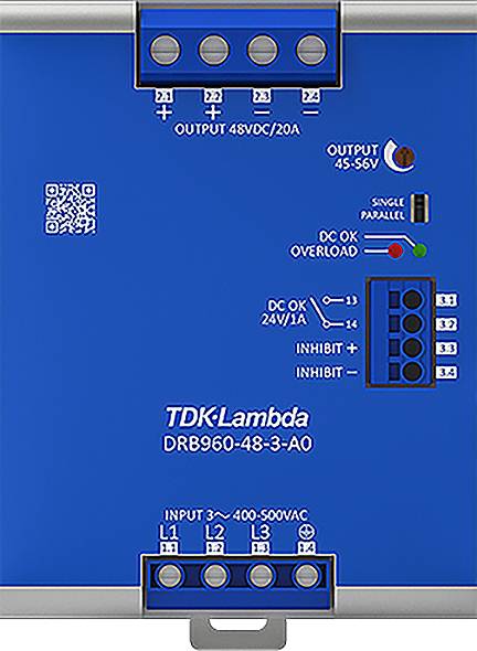 Modra električna komponenta z več priključki in LED indikatorji. Besedilo 'TDK-Lambda DRB960-48-3-AO'. Prikazuje električne podrobnosti.