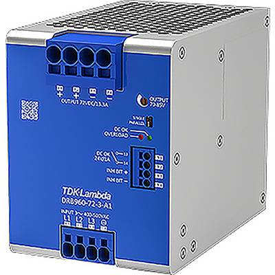 Industrijsko napajanje z modro sprednje stranico, več priključnimi vtičnicami in belimi napisi. Model 'DRB960-72-3-AL' je viden.