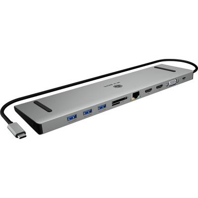 USB-C-dokovna postaja z več priključki: trije USB-priključki, dva HDMI, VGA, Ethernet in bralnik kartic. Kabli priključeni na strani.