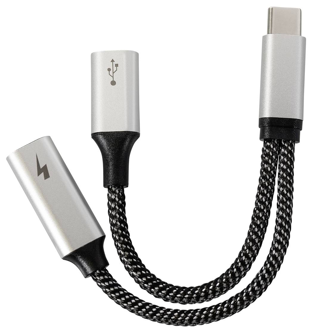 USB-C adapter kabel z dvema priključkoma: USB simbol in strela simbol, na pleteni žici, za prenos podatkov in napajanje.