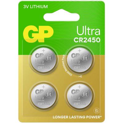 Blister z štirimi litijevimi baterijami GP Ultra CR2450 za 3V, rumeno-zelene in zlate barve, z napisom 'Daljša trajna moč'.