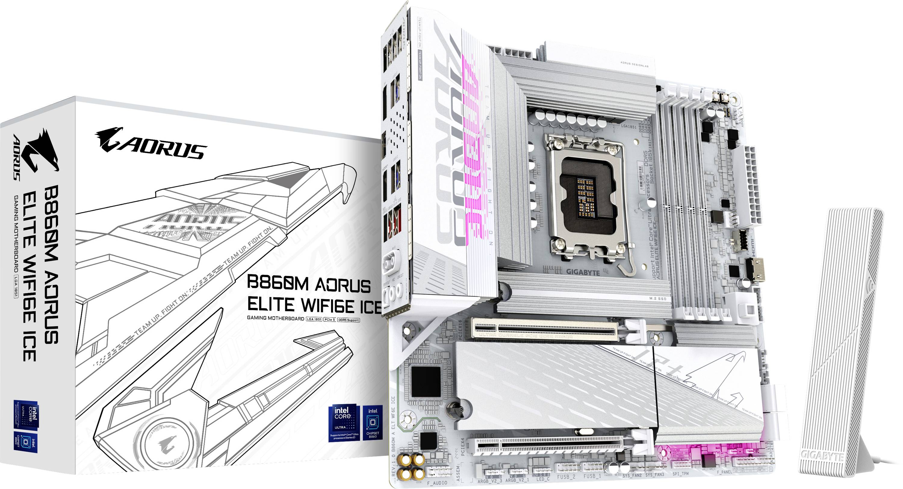 'Aorus B660M Aorus Elite WiFi Ice' matična plošča prikazana ob svoji embalaži, ki poudarja eleganten dizajn in blagovno znamko.