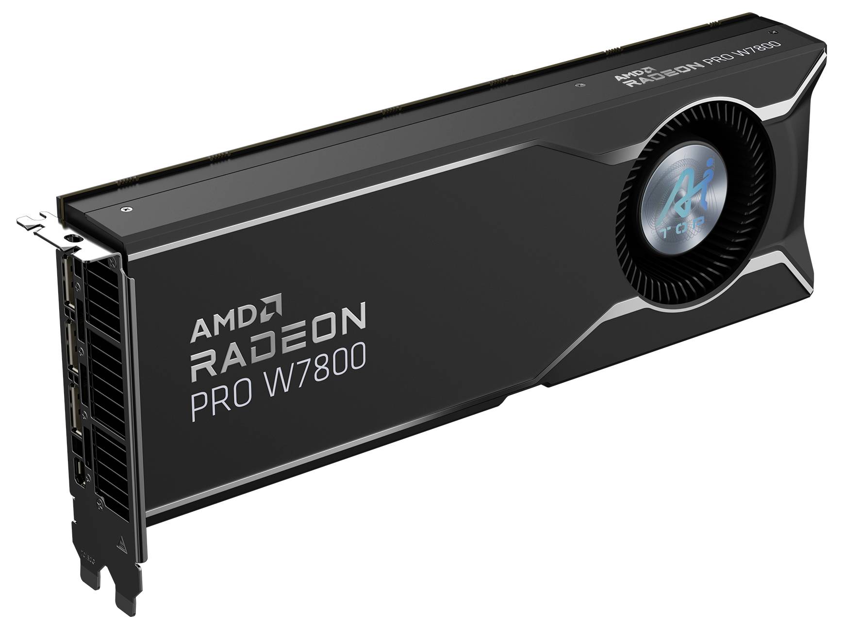 AMD Radeon Pro W7800 grafična kartica z velikim ventilatorjem in večimi priključki, zasnovana za profesionalne visoko zmogljive aplikacije.