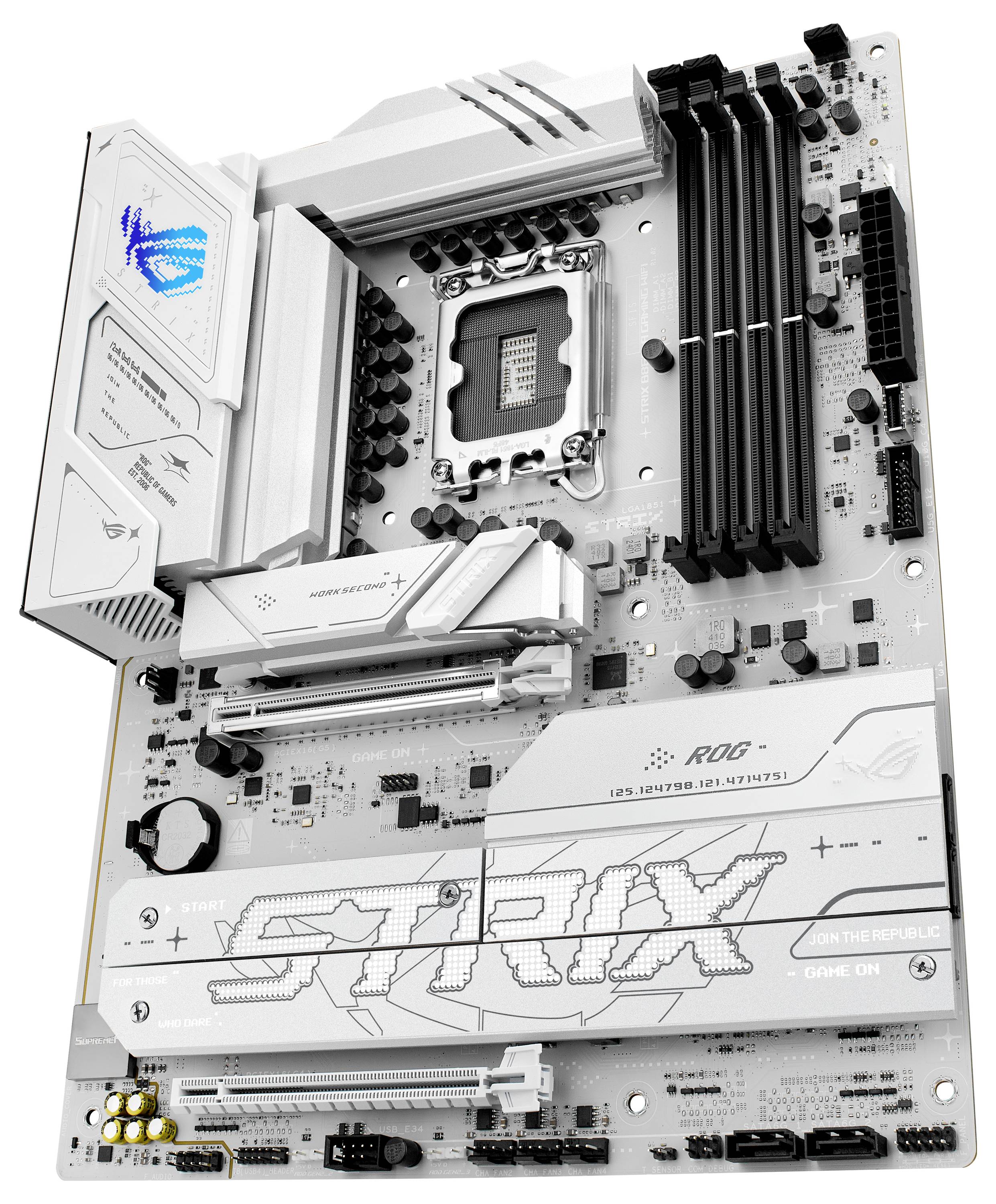 Bela gaming matična plošča z več PCIe režami, RAM vrati in dizajnom, poudarjenim z logotipom in grafiko blagovne znamke.