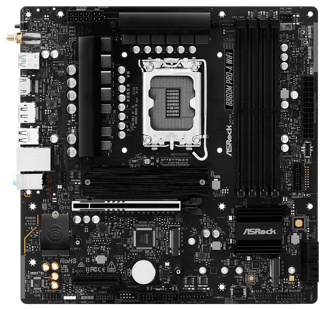 Pogled od zgoraj na matično ploščo ASRock B660M Pro4/ax, ki prikazuje procesorsko vtičnico, reže za RAM, PCI reže in priključke.