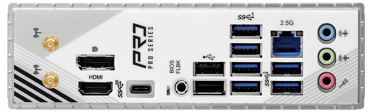 Zadnja plošča matične plošče z več USB, Ethernet, HDMI in avdio priključki. Vključuje BIOS gumbe za sistemsko konfiguracijo.