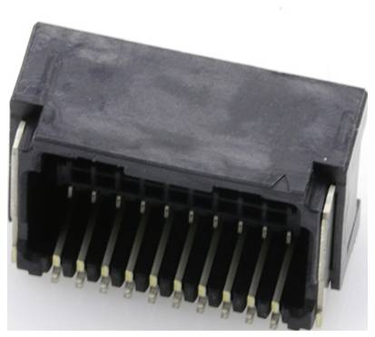 Črni priključni konektor, pravokotne oblike z več zlatimi kontaktnimi priključki, primeren za povezovanje elektronskih komponent.