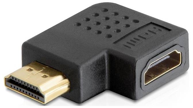'Upogjen HDMI adapter s črnim ohišjem in zlatimi priključki, ki omogoča povezovanje HDMI kablov v ozkih prostorih.'