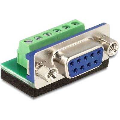 Adapter DB9 vtičnika z zeleno vijačno sponko na zeleni tiskani plošči, namenjen povezovanju kablov s serijskimi priključki.