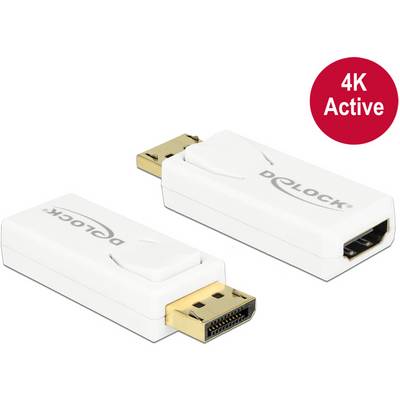 Dva bela adapterja z DisplayPort- in HDMI-priključki, ki podpirata 4K ločljivost. Blagovna znamka 'DELOCK' je vidna na vsakem adapterju.