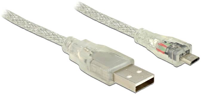 Prozorno USB-mini USB kabel na belem ozadju; levo priključek USB-A, desno priključek Mini-USB.