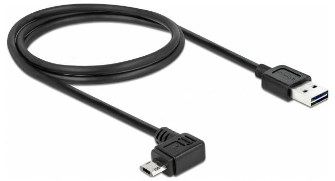 Črn USB kabel s standardnim USB vtičem na eni strani in poševno postavljenim micro USB vtičem na drugi strani.