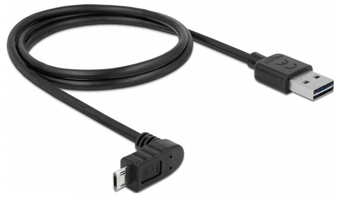 Črn USB 3.0 kabel s standardnim USB priključkom in kotnim micro-USB priključkom; primeren za polnjenje in prenos podatkov.