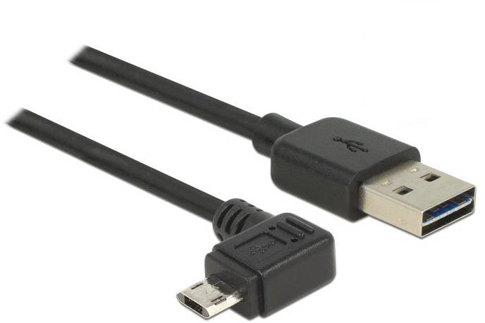 Črn USB kabel s standardnim USB vtičem na desni strani in micro-USB vtičem na levi strani.