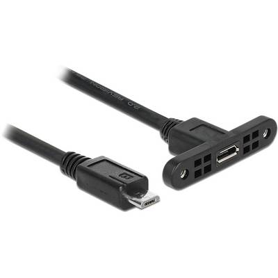 Mikro-USB podaljšek z desnim kotnim priključkom in luknjami za vijake za stabilno namestitev, črne barve.