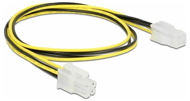 Rumeno-črn električni kabel z dvema belima vtičema, ki se uporablja za napajanje računalniških komponent.