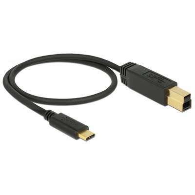 Črn kabel z vtičem USB-C na eni strani in pravokotnim vtičem na drugi. Primeren za računalniške povezave.