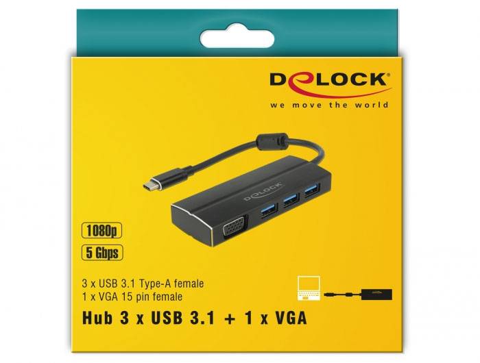 'Produktna embalaža Delock USB-hriba s 3 priključki USB 3.1 tipa A in 1 VGA-priključkom. Podpira 1080p, prenos do 5 Gbps.'