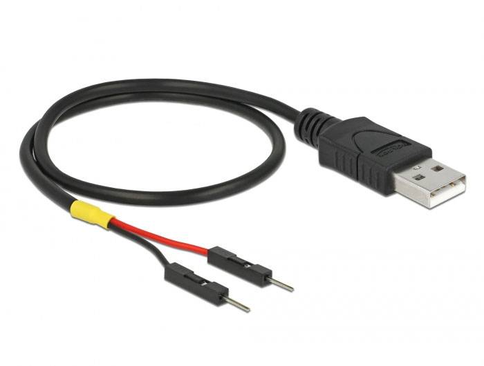 USB-kabel s črnim vtičem na eni strani in dvema odprtima konema kabla z kovinskimi igli na drugi strani, rdečo in črno.