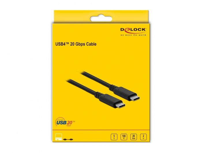 'Delock USB4 kabel, 20 Gbps, črn dizajn, USB-C priključki, prikazan na rumeni embalaži. Simboli združljivosti spodaj.'