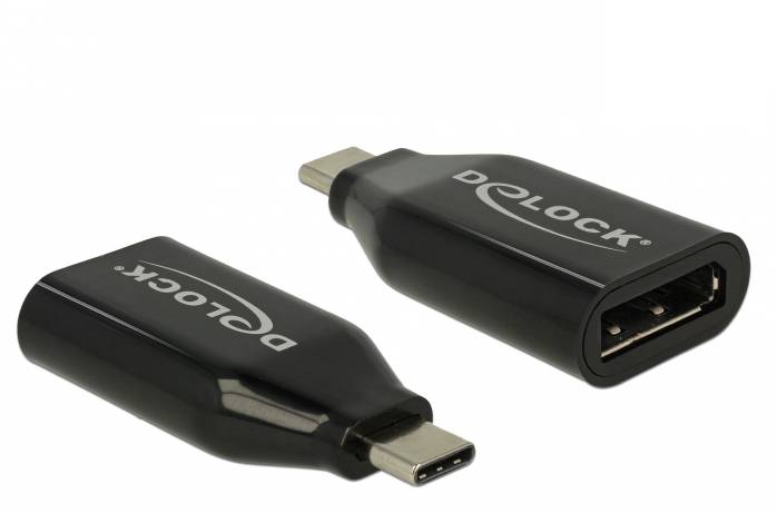 Dva črna adapterja z USB-C- in DisplayPort-priključki. Oba prikazujeta znamko 'Delock'.