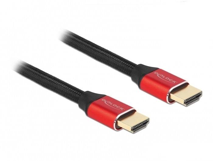 Prikazani sta dve rdeči HDMI-kabli s črnimi ohišji. Imata standardne HDMI-priključke na obeh koncih.