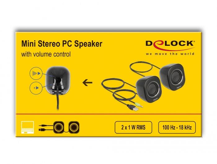 Škatla z sliko 'Mini stereo PC zvočnikov' z regulatorjem glasnosti. Vsebuje dva zvočnika s kabli. Frekvenčni razpon: 100 Hz - 18 kHz.
