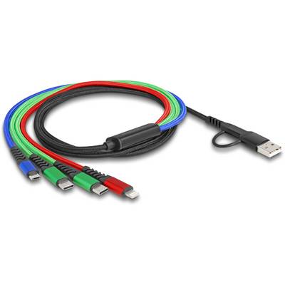 Večbarvni USB-kabel s štirimi konci v modri, zeleni, rdeči in črni barvi na črni oplastitvi. Vsi konci opremljeni z USB-C priključki.