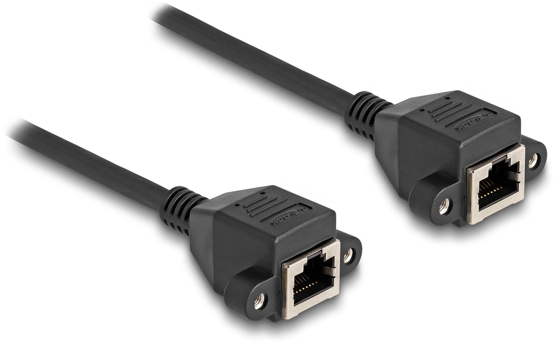 Dva črna ethernet kabla z RJ45 priključkom na vsakem koncu, primerna za prenos podatkov v omrežjih.