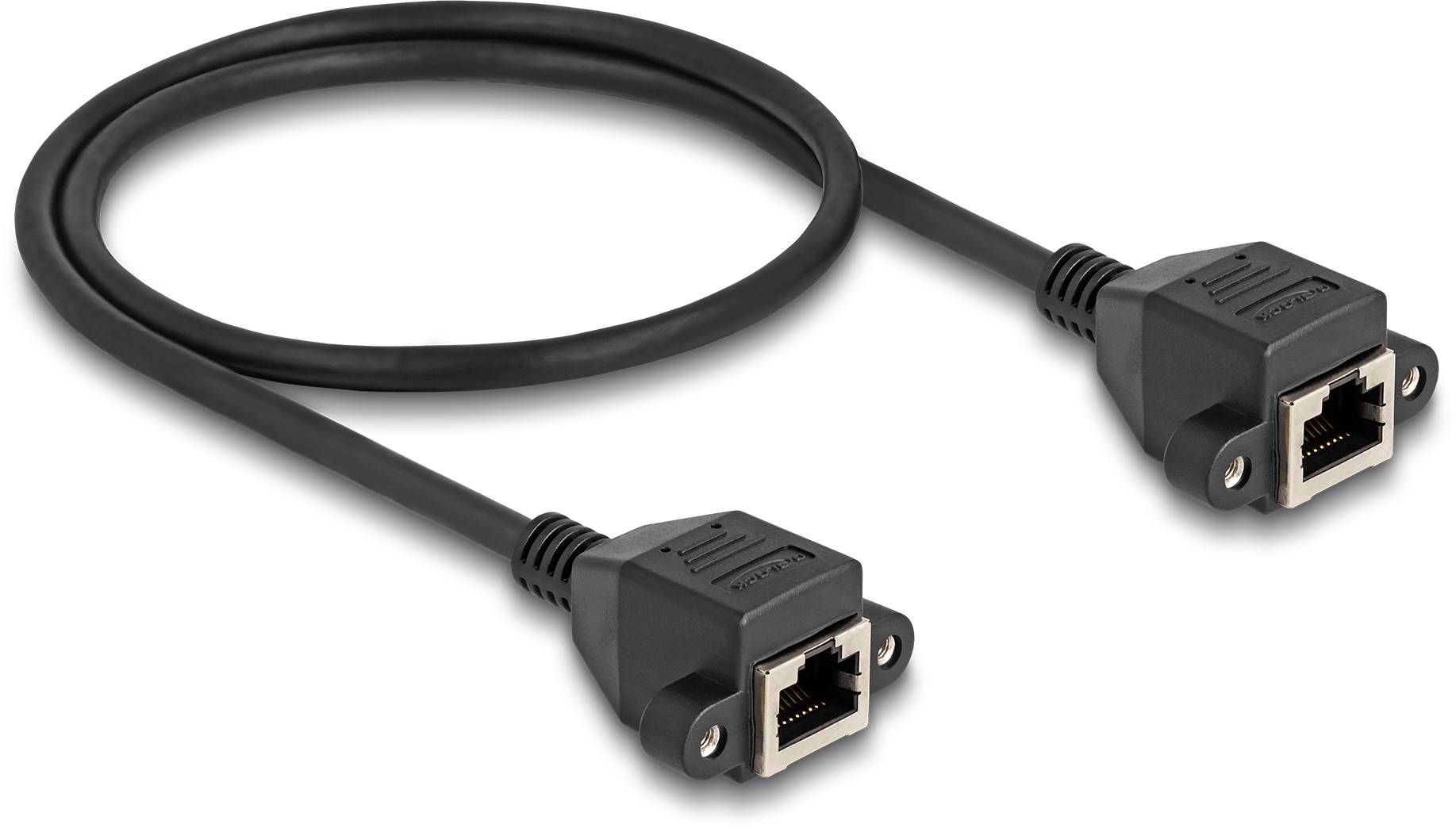 Črn eternet podaljševalni kabel z dvema RJ45 vtičnicama na konceh, idealen za podaljševanje omrežnih kablov.