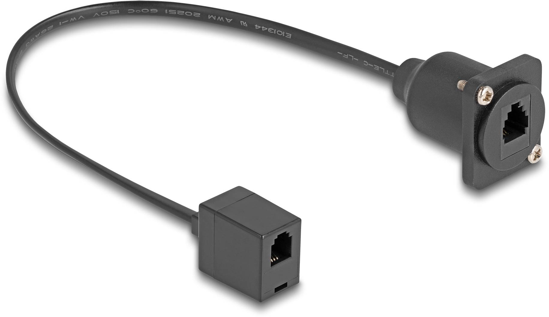Kratek, črn eternet kabel z moškim in ženskim RJ45 priključkom, oba črna, povezana s fleksibilnim kablom.