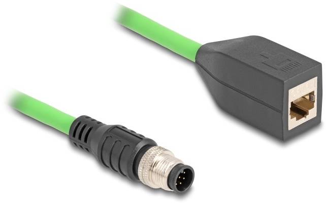 Zeleni Ethernet kabel z pravokotnim vtičem na eni strani in okroglim kovinskim vtičem na drugi strani.