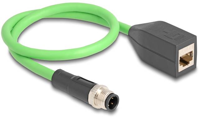 'Zeleni omrežni kabel z RJ45 vtičem in črnim adapterjem, primeren za priklop na industrijske naprave.'