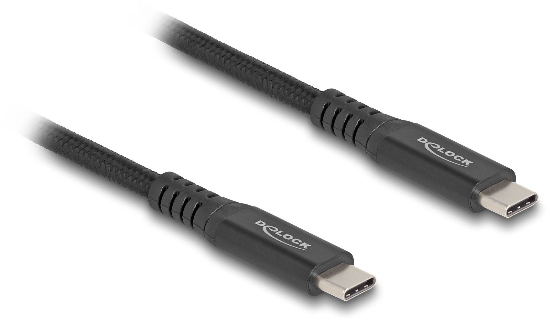 Dva črna USB-C kabla podjetja Delock sta prikazana z kovinskimi priključki. Primerna za prenos podatkov in polnjenje.