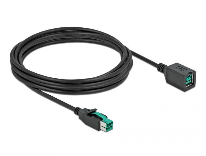 USB podaljšek, črn, prikazuje moški in ženski priključek. Primeren za povezovanje naprav z USB priključki.