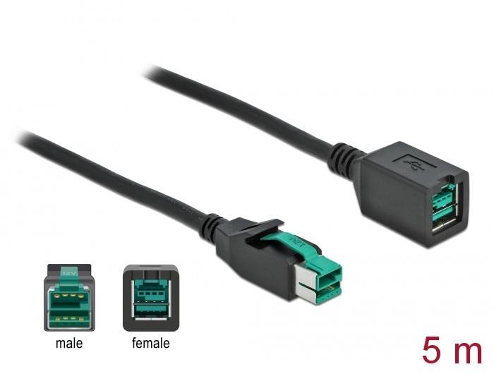 USB podaljšek, 5 metrov dolg, vtič tipa A na vtičnico, črne barve; prikazane oblike vtičev označene kot 'moški' in 'ženski'.