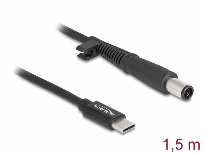 USB-C na DC napajalni kabel, dolžine 1,5 metra, črne barve.
