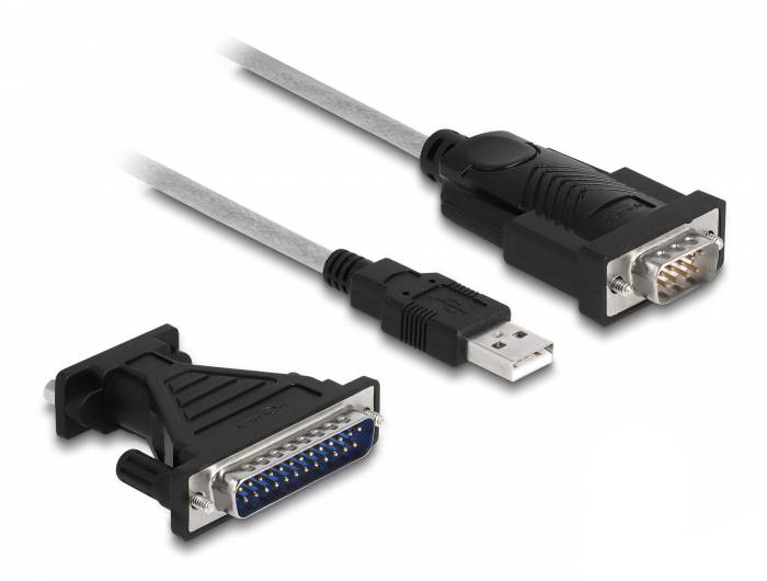 Dva računalniška kabla: eden z USB priključkom in drugi s paralelnim ter VGA priključkom, prikazujeta možnosti povezljivosti.