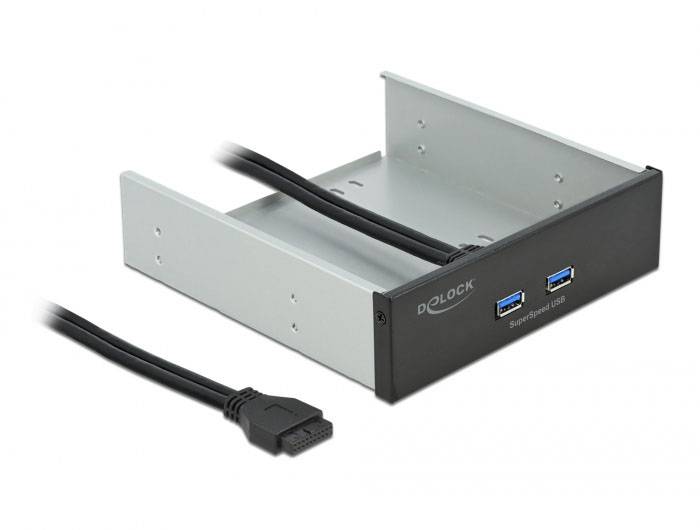 Notranji USB-hub podjetja Delock z 2 priključkoma USB 3.0, namenjen namestitvi v 3,5-palčni predal računalnika.