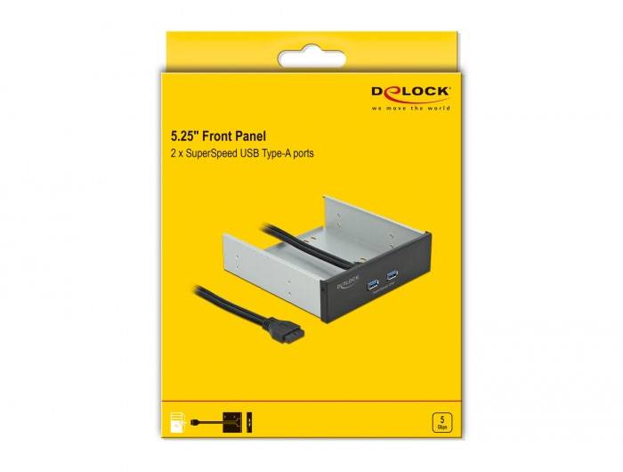 Embalaža 5,25-palčnega sprednjega panela z 2 SuperSpeed USB Type-A priključkoma podjetja Delock, rumeno ozadje, prikaz izdelka.