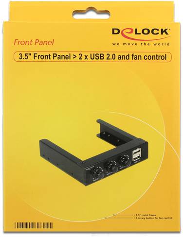 Embalaža prikazuje čelni panel podjetja Delock s 3,5-palčno velikostjo, 2 priključkoma USB 2.0 in nadzorom ventilatorja.