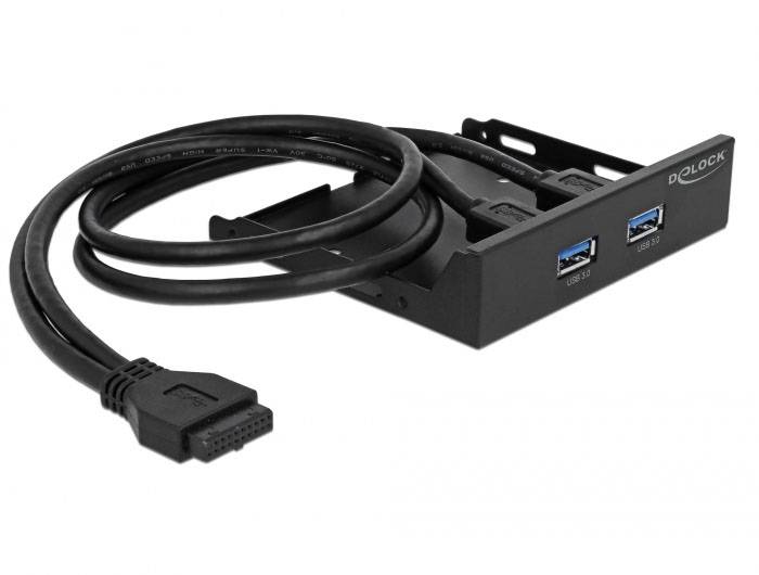 Črn adapter z dvema priključkoma USB 3.0 in kablom. Primeren za vgradnjo v računalnike za razširitev možnosti priključitve.
