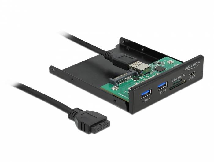Zunanji USB priključki in bralnik pomnilniških kartic v vgradnem okvirju. Dva USB vrata, reže za kartice in kabli so vidni.