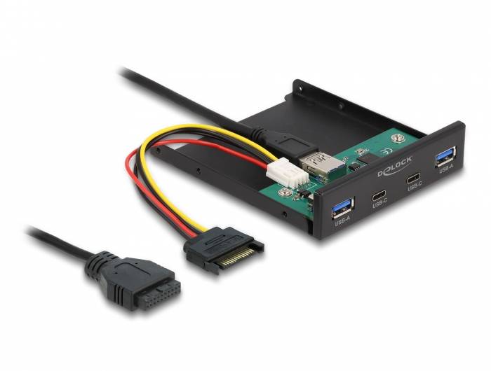 Čelni panel računalnika z dvema priključkoma USB 3.0 in dvema priključkoma USB-C, povezan s kabli. Označen z 'Delock'.