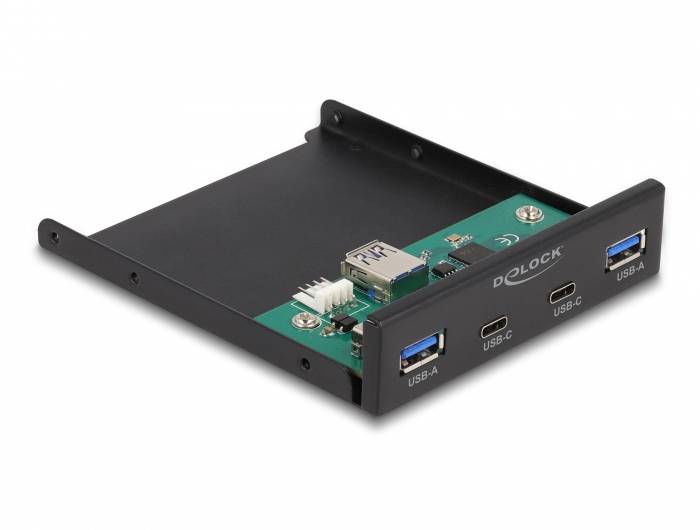 Črna USB sprednja plošča z dvema USB-A in dvema USB-C priključkoma, primerna za vgradnjo v osebni računalnik.
