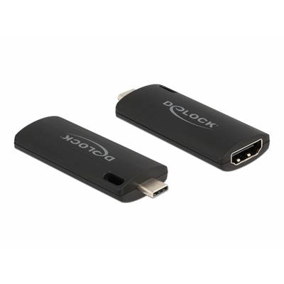 Črn USB-C na HDMI adapter podjetja Delock. Levo adapter prikazuje USB-C priključek, desno pa HDMI priključek.